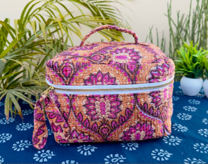 Handmade Quilted <b>Vanity</b> bag 100% Cotton Quilted Block Printed Wash Bag Vintage Boho Floral <b>Makeup</b> Bag For Women India Zippered - Product Image 1