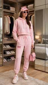 Oneten <b>Women</b> Pink Hooded Sporty Loose Fit Tracksuit Set Cropped Sweatshirt and <b>Jogger</b> Pants Casual Autumn 2 Piece <b>Outfit</b> - Product Image 3