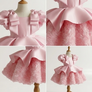 Robe de bal élégante rose pour filles, manches bouffantes, double nœud, jupe à rosettes 3D, pour fête d'anniversaire/mariage/fille d'honneur - Product Image 4