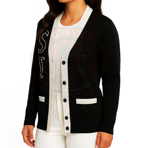 Cardigan noir en tricot à col en V pour femme, avec bordure contrastante blanche et broderie de lettres grecques SΦ, manches longues, style classique - Product Image 5
