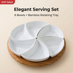 Ensemble de <span class=keywords><strong>6</strong></span> bols triangulaires en porcelaine blanche de <span class=keywords><strong>6</strong></span> pouces avec plateau Lazy Susan en bambou de 13,25 pouces, ensemble modulaire pour servir des collations, des fruits et des noix, décoration - Product Image 2