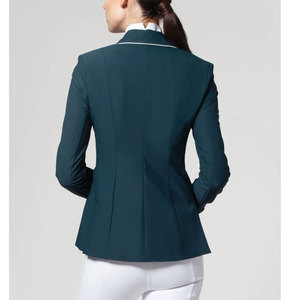 Chaqueta de equitación para mujer, verde oscuro, poliéster y algodón, para salto ecuestre, con ribete blanco, vista trasera, logotipo personalizado - Product Image 3