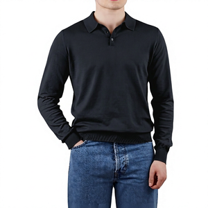 เสื้อถักแขนยาวผู้ชายสำหรับใส่เป็นเสื้อเชิ้ต ผ้าฝ้าย 100% ระบายอากาศได้ดี สีพื้น สไตล์ลำลอง สไตล์จีน สีน้ำเงินเทา - Product Image 2