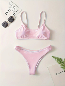 Bikini con tirantes ajustables para mujer – Traje de baño de dos piezas de color liso y corte ajustado para playa y piscina - Product Image 5