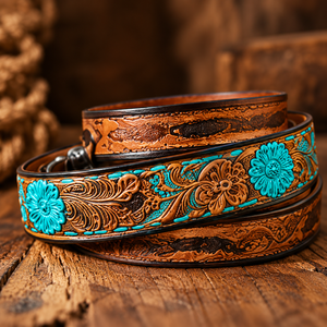 Ceinture en cuir gaufré et façonné à la main avec motif floral pour la mode et les accessoires western - Product Image 3