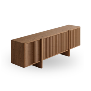 Meuble de salon moderne, écologique, durable, fait main, en bois massif, console de rangement à panneaux cannelés, brun - Product Image 2