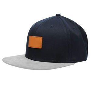 High Quality Unisex <b>Navy</b> Blue 6-Panel Snapback Cap With Tan Leather Patch Flat Brim Street Style Casual <b>Hat</b> - Product Image 2