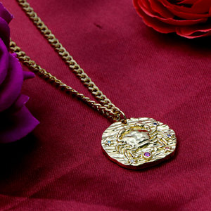 925 Silver Gold Plated <b>Cancer</b> Zodiac Pendant <b>Necklace</b> Textured Crab Medallion Colorful CZ Curb Chain Wholesale - Product Image 4