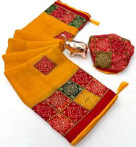 Sari en viscose de Bamber pour femme avec bandhani contrastant et pallu riche, chemisier Jalar fabriqué en Inde - Product Image 4