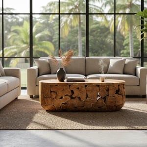 Meubles de salon en bois naturel artisanaux de qualité supérieure, ambiance chaleureuse et accueillante, table ovale en teck rustique de luxe ARTERRA - Product Image 4