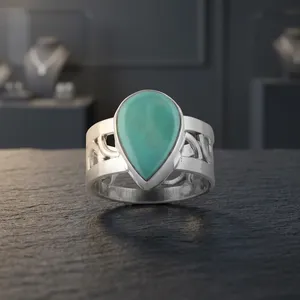 Tibetan Turquoise 925 Sterling Silver Ring Handmade Jewelry Teardrop Gemstone Statement Ring Vintage Boho Everyday Wear - Product Image 3