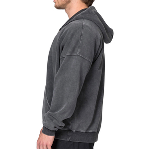 Custom Oversized Faded Distressed <b>Black</b> Heavy Out Old <b>Zip</b> <b>up</b> Pullover 100% Cotton Men Vintage Acid Mineral Stone Wash <b>Hoodie</b> - Product Image 3