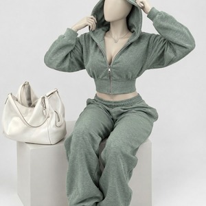 <b>Women's</b> <b>Green</b> <b>Fleece</b> Leopard Print Hooded Casual 100% Polyester Autumn Tracksuit Set Zip-Up Top Flare Pants - Product Image 3