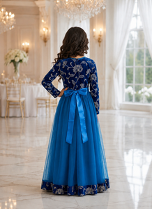 Blue Summer Children <b>Girls</b> Formal Long Sleeve Floral Embroidered Tulle <b>Maxi</b> <b>Dress</b> for Banquet Party Festival - Product Image 2