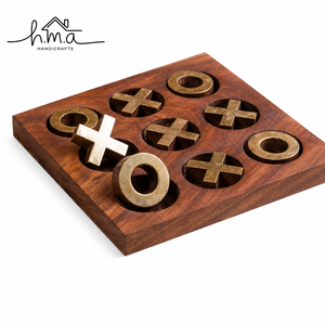 Brown Square Wooden Tic Tac Toe Board Game with Brass Cross and <b>Ring</b> Pieces Handmade Decorative <b>Puzzle</b> Set - Product Image 1