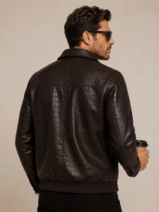 TRIBON SPORTS Men's Black Cow Skin <b>Leather</b> Bomber <b>Jacket</b> Stand Collar Breathable Zipper Closure Slim Fit Embossed Regular Sleeve - Product Image 2