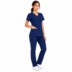Conjunto de uniforme médico azul marino con cuello en V para mujer, con bolsillos, para uso hospitalario, de color liso, tela tejida, con detección de agujas y fusión sin costuras - Product Image 2