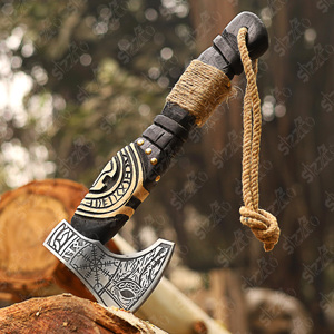 Hand Forged Viking Bearded <b>Axe</b> Carbon Steel Vegvisir Engraved Hatchet Ash Wood <b>Handle</b> with Leather Sheath OEM Ideal Gift for him - Product Image 1