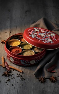 Premium Printed Iron Masala Dabba Round Spice Storage <b>Box</b> with Floral Design Lid for Indian Kitchen Decorative Printed Iron <b>Box</b> - Product Image 2