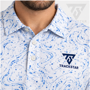 เสื้อโปโลผู้ชาย Trackstar สีขาวลายหินอ่อนสีน้ำเงิน แขนสั้น ปกติดกระดุม สไตล์ลำลอง เหมาะสำหรับตีกอล์ฟ รับสกรีนโลโก้ - Product Image 5