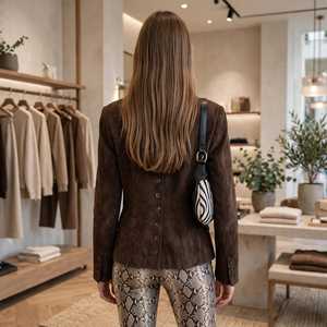 Women's Brown Suede <b>Blazer</b> Long Sleeve Notched Collar Button Up Coat - Product Image 3