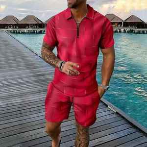 Best Seller Men's <b>Red</b> Geometric Print Polo Shirt and Shorts Set Casual Summer Quick Dry Knitted Polyester Two Piece Outfit - Product Image 4