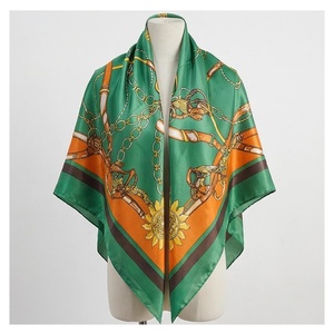 Women's Square <b>Silk</b> Scarf <b>Green</b> Orange Horsebit Print Elegant Multi-Functional Fashion Accessory All Seasons - Product Image 1