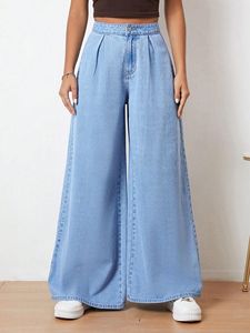 Jean en denim taille haute à jambe large pour femme, coupe ample, longueur intégrale, en coton délavé, style décontracté printemps - Product Image 2