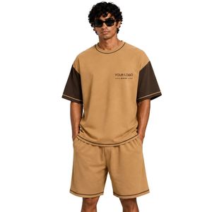 Camel Brown Mens Oversized <b>T</b> <b>Shirt</b> And Shorts Set Dark Brown Contrast Sleeves Custom Logo Casual Streetwear Summer Wholesale - Product Image 1