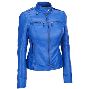 University Custom Women Real Leather Cafe <b>Racer</b> <b>Jacket</b> Royal Blue Stand Collar Motorcycle Coat OEM Zipper Closure - Product Image 1
