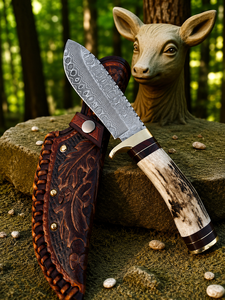 Cuchillo de acero de Damasco forjado a mano: mango de cuerno, funda de cuero, regalo para él, regalos para hombres, regalos de boda - Product Image 4