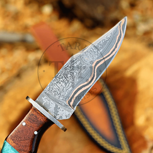 Couteau de chasse à lame fixe en acier Damas de qualité supérieure avec bord droit, manche en bois et résine - Utilisation en extérieur, cadeau USA, anniversaire - Product Image 3
