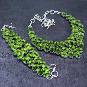 Faceted Topaz Gemstone Overlay <b>Set</b> Oval Cut Green Classic Handmade Alloy Silver Plated Unisex Anniversary Necklace <b>Bracelet</b> - Product Image 1