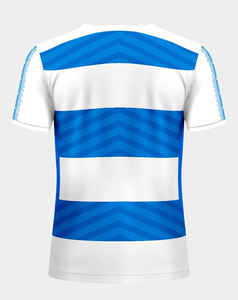 Maillot de football personnalisé pour homme, bleu et blanc, motif géométrique, manches courtes, col rond, tissu respirant en polyester, vêtements de sport - Product Image 2