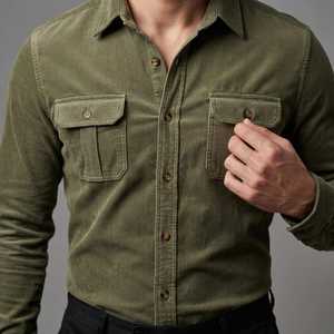 <b>Men's</b> <b>Navy</b> Cargo Long Sleeve <b>Shirt</b> Regular Fit Solid Color Casual Spring Wear Breathable 100% Cotton <b>Satin</b> Fabric - Product Image 3