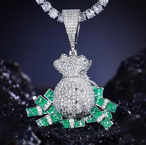 Collar llamativo de lujo estilo Hip Hop para fiesta, con colgante de bolsa de dinero con moissanita y dijes de signo de dólar verde, chapado en rodio sobre plata 925 - Product Image 1