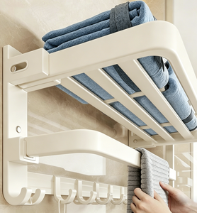 Space Aluminum Foldable Towel <b>Rack</b> No Drill Bathroom Shelf <b>Shower</b> <b>Storage</b> Organizer Wall Mounted Milky White Holder - Product Image 2