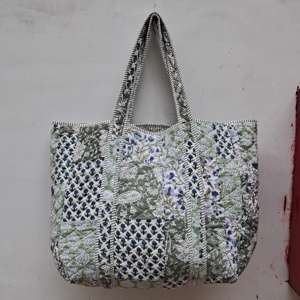 Channi Textiles Bohemian Block Print Panelled <b>Quilted</b> Cotton Tote Bag Open Top All Seasons Women Shoulder <b>Handbag</b> Large Capacity - Product Image 1
