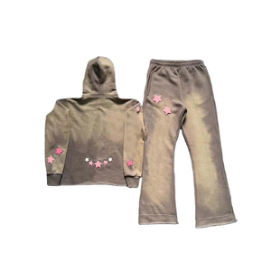 Custom Streetwear 100% Cotton Embroidery Patched Cropped Men's <b>Tracksuit</b> Vintage Fit Two Piece Flared Baggy Track Suit - Product Image 3