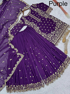 Ensemble 3 pièces traditionnel indien Sharara Gharara brodé, en soie Georgette, pour mariage, Diwali, hiver et été - Product Image 4