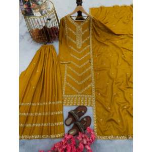 Top de Chifón de Diseño con Pantalones Plazzo y Dupatta con Bordado de Lentejuelas - Product Image 3
