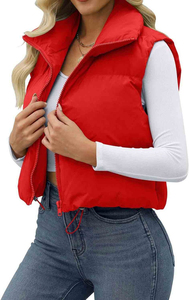 Chaleco acolchado rojo para mujer con cuello alto y cierre de cremallera, informal, sin mangas, de color liso, corto, para exterior - Product Image 5