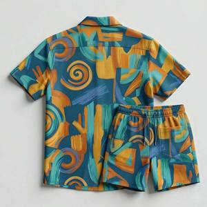 Conjunto de 2 Piezas de Verano para Hombre, Camisa de Manga Corta con Botones y Pantalones Cortos de Playa con Cordón, Ropa Urbana Transpirable Personalizada - Product Image 2