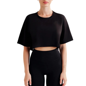 Camiseta Corta Negra para Mujer, Hombros Caídos, Manga Corta, Corte Holgado, Cuello Redondo, Color Sólido, Algodón Jersey - Product Image 4