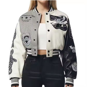 Custom Logo Women Cropped Varsity <b>Jacket</b> Heavyweight Embroidered Patch Leather Sleeve <b>Vintage</b> Y2K Letterman <b>Bomber</b> <b>Jacket</b> - Product Image 1