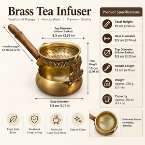 Colador de té de latón dorado con diseño de pétalos festoneados, mango de doble asa, tazón perforado fino para infusión de té de hojas sueltas y hierbas - Product Image 3