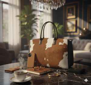 Sac fourre-tout vintage pour femme en cuir véritable de vachette à poils, couleur unie, fermeture éclair, broderie, LHTB-0098 - Product Image 1