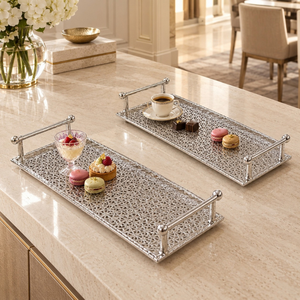 Artistic Silver Finish Aluminium <b>Lattice</b> Serving Trays with Raised Rail Handles | Geometric Decorative Tabletop Serving Platters - Product Image 2