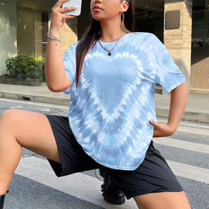 เสื้อยืดผู้หญิงลายมัดย้อม แขนสั้น คอกลม ทรงหลวม สไตล์ลำลอง สีน้ำเงินขาว ลายพิมพ์ ฤดูใบไม้ผลิ ฤดูร้อน ผ้าฝ้ายถัก ระบายอากาศได้ดี - Product Image 3
