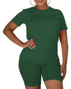 Women 2 Piece Shorts Set Solid Green T-Shirt Biker Shorts Casual Summer Outfit O-Neck Short Sleeve Breathable - Product Image 5